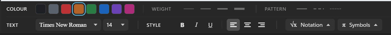 The palette bar: colour, weight and pattern above, text controls below
