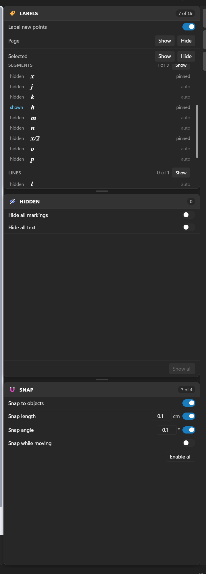 The Labels panel: label new points, and showing or hiding labels on the page or the selection