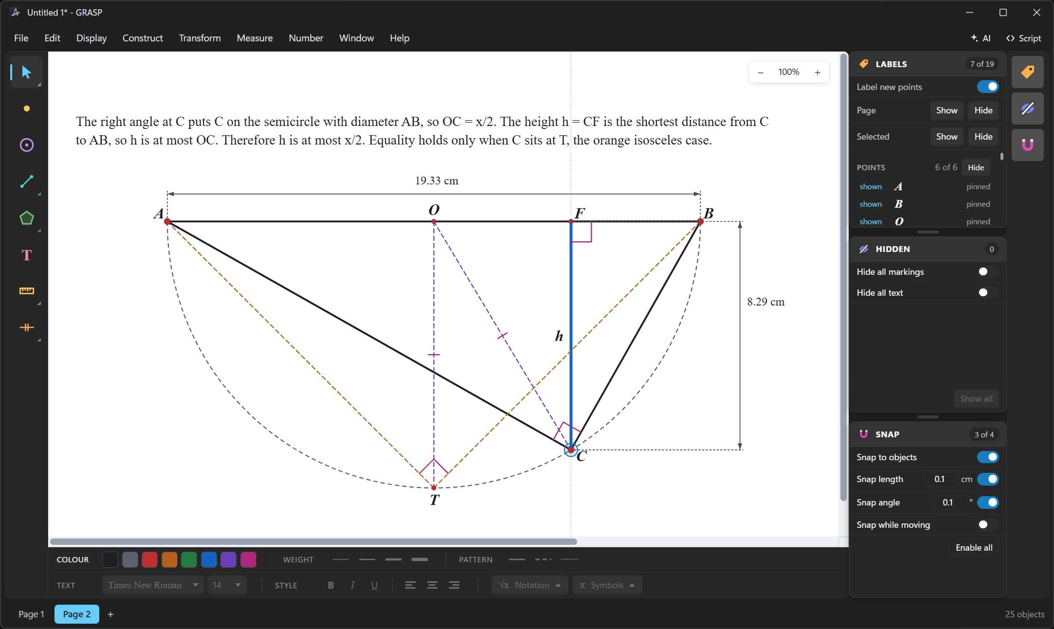The figure GRASP drew from the script: a right-angled triangle on a semicircle with the height h marked