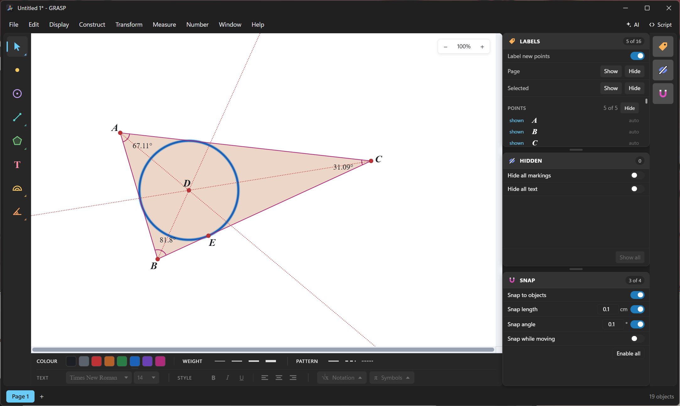 A triangle in GRASP with its incircle, angle bisectors and two angles measured
