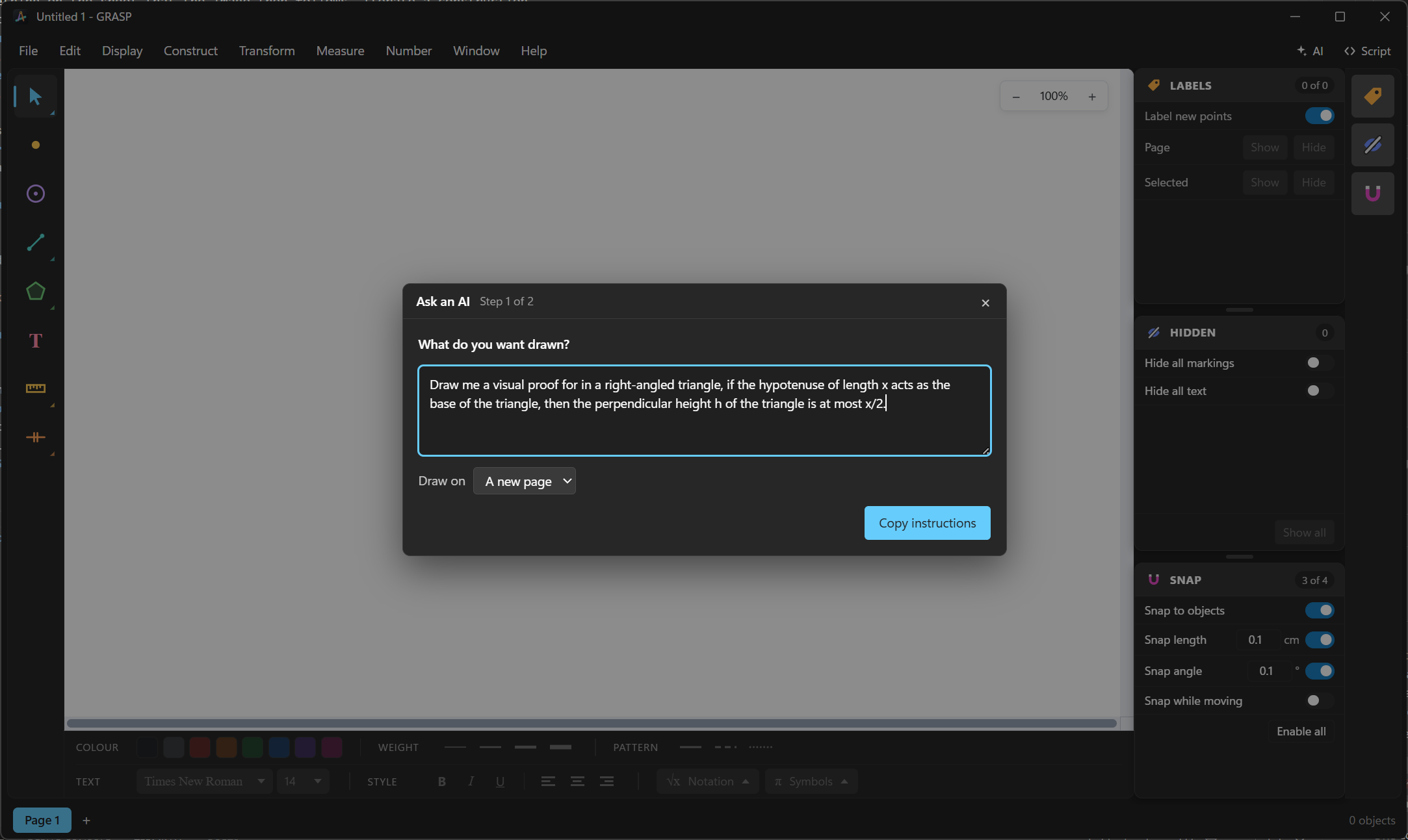 The Ask an AI dialog, with a request for a visual proof typed into it