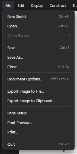 The GRASP File menu showing commands for saving, exporting, page setup, print preview, and printing