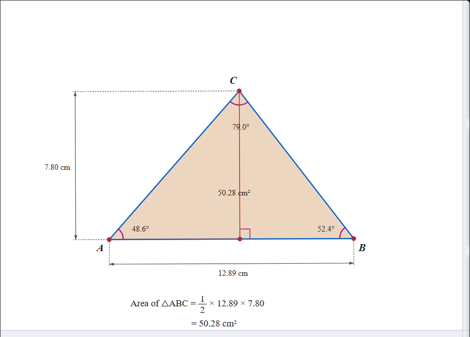 A triangle in GRASP with named vertices, side dimensions, angle measurements, area, and a live calculation caption