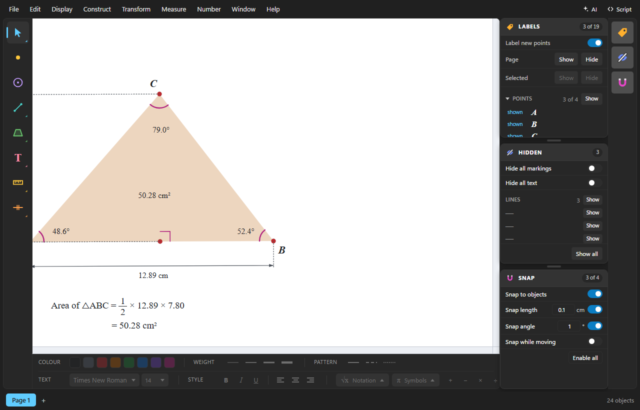 The GRASP workspace with the tool palette on the left, a measured triangle on the sheet, and object controls on the right